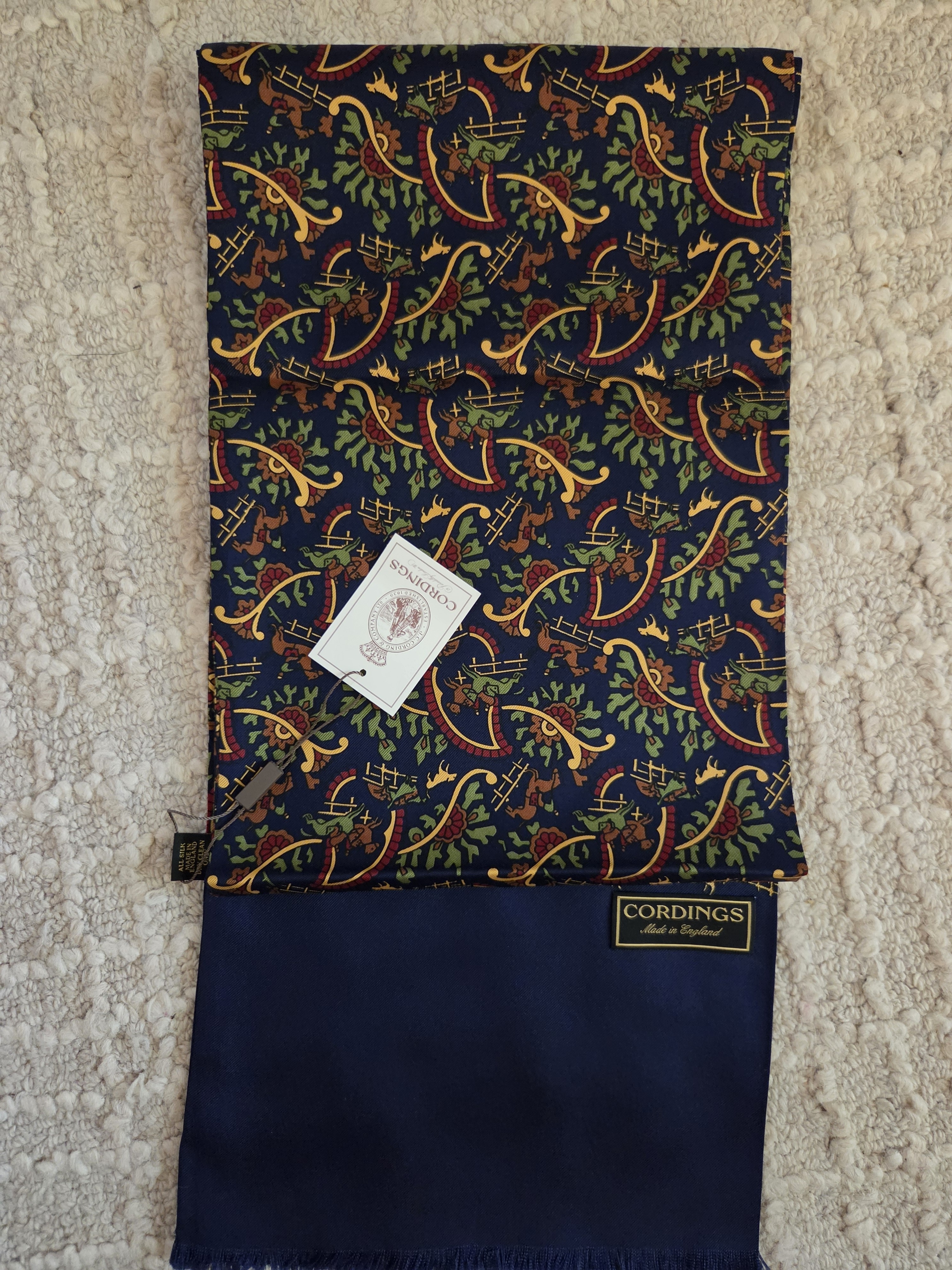 Navy Paisley Silk Scarf  Navy Gold  Green